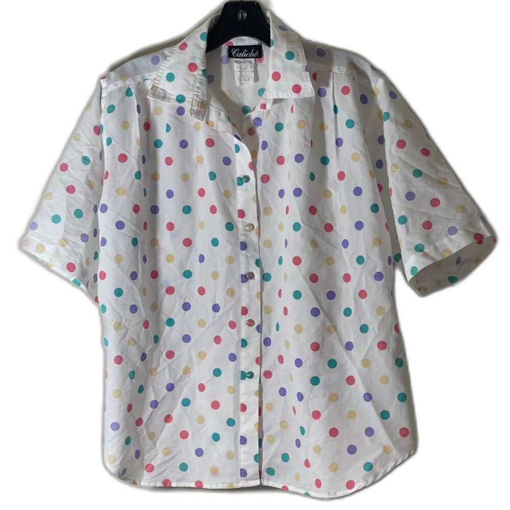 Caliche Vtg 80's Polka Dot Blouse Shirt Womens M Retro Colorful Button Down Top